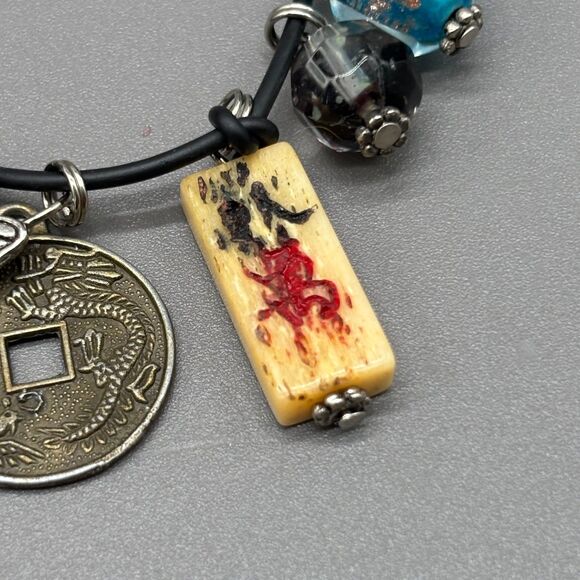 Asian Inspired Charm Bracelet Cloisonné Bone Dice Resin Cinnabar Glass Coin '70s - Picture 4 of 12